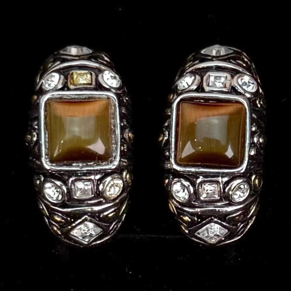Vintage weighted, Silvertone, goldtone, bling half hoop pierced earrings